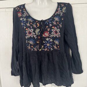 American Eagle Embroidered Top Small Boho Navy Blue Peplum Blouse
